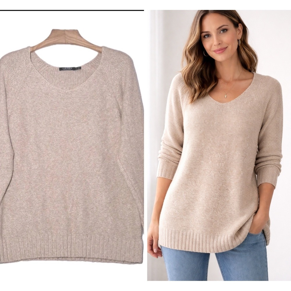 Lauren Ralph Lauren LRL Womens Sweater XL Tan Cable Knit V Neck Pullover Tunic - Picture 1 of 11